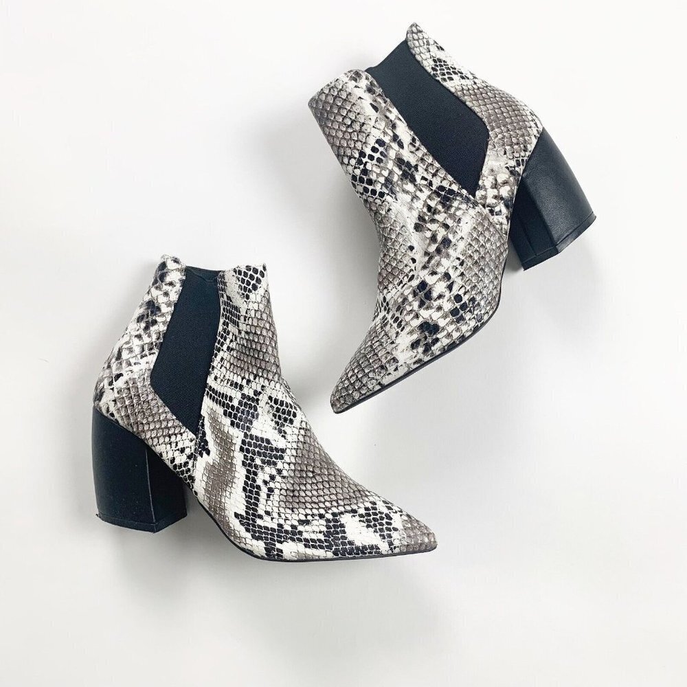 Lulus Womens Ankle Booties Black Size 6.5 Snakeskin Pointed Block Heels